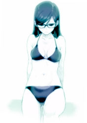 Rule 34 | 1girl, bikini, breasts, female focus, glasses, highres, large breasts, long hair, looking at viewer, monochrome, navel, original, puyo (puyotopia), simple background, sketch, solo, swimsuit, white background