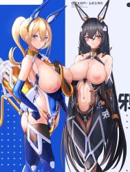 Rule 34 | 2girls, android, between breasts, black hair, blonde hair, blue eyes, blush, breasts, breasts out, brown eyes, clothing cutout, high heels, highres, huge breasts, inverted nipples, large breasts, leotard, looking at viewer, mask, mecha, mecha musume, mechanical parts, multiple girls, navel, navel cutout, nipples, original, playboy bunny, ponytail, revealing clothes, robot, skin tight, skindentation, thick thighs, thighhighs, thighs, yusha m
