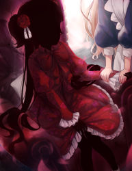 Rule 34 | 2girls, apron, armchair, black hair, black legwear, blonde hair, bow, chair, dress, emilico (shadows house), flower, frilled dress, frills, hair flower, hair ornament, hat, highres, holding another&#039;s wrist, kate (shadows house), long hair, long sleeves, maid, multiple girls, pantyhose, pillow, red bow, red dress, red flower, red neckwear, shadow (shadows house), shadows house, sitting, torriet, very long hair
