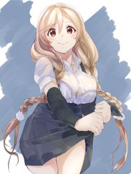 Rule 34 | 1girl, ailiner7060, arm warmers, black skirt, blue bra, bra, bra visible through clothes, braid, bralines, brown eyes, cloud hair ornament, cowboy shot, gradient hair, highres, kantai collection, light brown hair, long hair, looking at viewer, low twin braids, minegumo (kancolle), multicolored hair, see-through, shirt, skirt, solo, standing, suspender skirt, suspenders, twin braids, two-tone background, underwear, wet, wet clothes, wet shirt, white shirt, wringing clothes