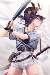 Rule 34 | 1girl, absurdres, arknights, bandaid, bandaid on face, baseball bat, baseball cap, belt, blue hair, ch&#039;en (arknights), chinese commentary, collarbone, commentary request, cowboy shot, dragon horns, dragon tail, facing to the side, fingerless gloves, folded ponytail, gloves, grey shirt, hair between eyes, hat, high-waist shorts, highres, holding, horns, jewelry, long hair, looking to the side, necklace, parted lips, piercing, pouch, red eyes, shirt, shirt tucked in, shorts, sidelocks, simple background, skindentation, solo, sportswear, t-shirt, tail, taitai, thighhighs, thighs, uniform, white shorts, white thighhighs