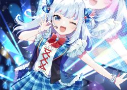 Rule 34 | 1girl, :d, absurdres, alternate costume, blue eyes, blue hair, blue skirt, blunt bangs, bow, bowtie, brooch, cowboy shot, cross-laced clothes, frilled sleeves, frills, gawr gura, hair ornament, headset, highres, hinakano h, hololive, hololive english, idol, idol clothes, jewelry, looking at viewer, medium hair, miniskirt, multicolored hair, music, nail polish, one eye closed, open mouth, plaid, plaid skirt, pleated skirt, red bow, red bowtie, shark, shark hair ornament, sharp teeth, shirt, short sleeves, silver hair, singing, skirt, smile, solo, stage, streaked hair, teeth, two side up, upper teeth only, v-shaped eyebrows, vest, virtual youtuber, white shirt, wristband