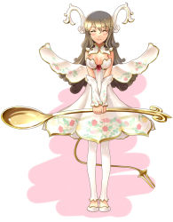 Rule 34 | 1girl, blush, breasts, brown hair, cleavage, closed eyes, closed mouth, detached sleeves, dress, facing viewer, fake wings, feet together, floral print, flower, full body, hair ornament, holding, holding spoon, katahira masashi, legs, long hair, original, personification, rose, shoes, shoulder pads, simple background, smile, solo, spoon, standing, tail, tongue, white background, white dress, white footwear, white legwear, wings