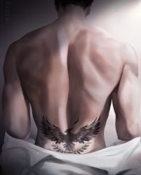 Rule 34 | 1boy, back, back focus, back tattoo, bara, bare back, black hair, close-up, from behind, head out of frame, highres, male focus, muscular, muscular male, original, realistic, ryeomiii, shirt, unworn shirt, solo, sunlight, tattoo, upper body, white shirt
