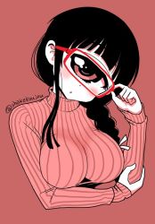 Rule 34 | 1girl, :o, adjusting eyewear, blush, breasts, commentary request, hand up, hitomi sensei no hokenshitsu, large breasts, long hair, long sleeves, looking at viewer, manaka hitomi, monochrome, monocle, one-hour drawing challenge, parted lips, red-framed eyewear, red background, red eyes, red theme, ribbed sweater, shake-o, simple background, solo, sweater, twitter username, upper body