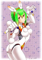 Rule 34 | 10s, 1girl, absurdres, android, animal ears, ass, braid, breasts, french braid, gradient background, green hair, gunslinger stratos, highres, joints, kemonomimi mode, paw pose, rabbit ears, rabbit tail, red eyes, robot joints, short hair, solo, tail, toppema mapetto, xi-988