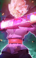 Rule 34 | 1boy, bara, blurry, blurry background, bodysuit, cowboy shot, dragon ball, dragon ball super, earrings, embers, evil smile, glowing, glowing sword, glowing weapon, goku black, highres, jewelry, long sleeves, looking at viewer, male focus, muscular, pants, pink hair, potara earrings, simple background, single earring, skin tight, smile, solo, spiked hair, super saiyan, super saiyan rose, supobi, tongue, tongue out, upper body, weapon