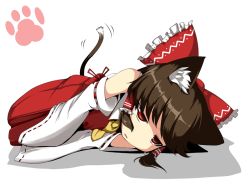 Rule 34 | 1girl, animal ears, bored, bow, brown hair, cat ears, cat girl, cat tail, detached sleeves, female focus, fujy, hair bow, hakurei reimu, japanese clothes, jitome, kemonomimi mode, long hair, lying, miko, no nose, on side, red eyes, ribbon, solo, tail, tail wagging, touhou