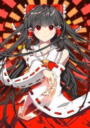 Rule 34 | 1girl, bad id, bad pixiv id, bare shoulders, black hair, bow, chirosuke, danmaku, detached sleeves, female focus, fire, foreshortening, frills, hair bow, hakurei reimu, highres, japanese clothes, large bow, light smile, long hair, miko, ofuda, red eyes, smile, solo, touhou, upper body, very long hair, x arms
