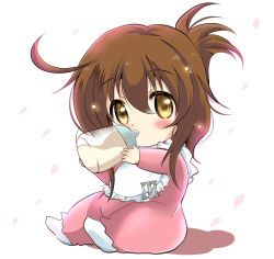 Rule 34 | 10s, 1girl, aged down, alternate costume, baby, baby bottle, bib, blush, bottle, brown eyes, brown hair, commentary request, drinking, folded ponytail, food, food on face, inazuma (kancolle), kantai collection, milk, onesie, petals, sitting, socks, solo, tonchinkan, white socks