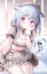 Rule 34 | 1girl, animal ear fluff, animal ears, apron, black bow, blue hair, bow, breasts, cat cutout, cat ears, cat girl, cat tail, cleavage, cleavage cutout, closed mouth, clothing cutout, commentary request, couch, frilled apron, frills, grey apron, grey shirt, hair between eyes, hair ornament, highres, indoors, long hair, looking at viewer, maid, maid headdress, medium breasts, on couch, original, plaid, plaid skirt, pleated skirt, puffy short sleeves, puffy sleeves, red eyes, shiratama (shiratamaco), shirt, short sleeves, skirt, solo, tail, tail bow, tail ornament, waist apron, wrist cuffs, x hair ornament