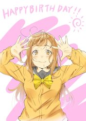 Rule 34 | 1girl, artist name, artist request, blush, bow, bowtie, breasts, brown eyes, brown hair, collarbone, eyebrows, female focus, grey sailor collar, hair between eyes, hair over shoulder, hands up, highres, kunikida hanamaru, light brown hair, long hair, long sleeves, looking at viewer, love live!, love live! sunshine!!, matching hair/eyes, orange bow, orange bowtie, parted lips, sailor collar, school uniform, sleeves past wrists, small breasts, smile, solo, sweater, sweater vest, upper body, uranohoshi school uniform, vest, yellow eyes, yellow sweater, yellow vest