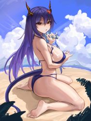 Rule 34 | 1girl, arknights, ass, bare legs, barefoot, beach, bikini, blue bikini, blue hair, blue sky, breast hold, breasts, ch&#039;en (arknights), ch&#039;en the holungday (arknights), ch&#039;en the holungday (elite ii) (arknights), chinese commentary, cloud, cloudy sky, covered erect nipples, curvy, dragon girl, dragon horns, dragon tail, expressionless, flower, full body, hair between eyes, hair flower, hair ornament, halterneck, highres, holding, horns, large breasts, long hair, looking at viewer, lotion, lotion bottle, nande rumi, ocean, official alternate costume, open mouth, outdoors, parted bangs, red eyes, sideboob, sitting, sky, soles, solo, straight hair, string bikini, suggestive fluid, swimsuit, tail, thighs, wariza