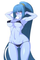 Rule 34 | 1girl, bare shoulders, bikini, blue hair, blue skin, breasts, colored skin, curvy, demon girl, female focus, highres, large breasts, long hair, looking at viewer, mimizu (tokagex), one-piece swimsuit, original, pointy ears, ponytail, shiny skin, smile, solo, swimsuit, thong