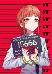 Rule 34 | 1girl, absurdres, barbie mugshot (meme), black necktie, blood, blood on face, blood on hands, braid, braided ponytail, breasts, chainsaw man, commentary, cuffs, hair ornament, hairclip, handcuffs, height chart, highres, holding, holding sign, kiunchiku, makima (chainsaw man), medium breasts, meme, mugshot, necktie, red background, red hair, ringed eyes, sidelocks, sign, single braid, smile, solo, yellow eyes