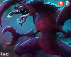 Rule 34 | artist name, cho&#039;gath, claws, colored sclera, colored skin, green sclera, league of legends, monster, nawka (nawkaarts), no pupils, open mouth, patreon logo, red skin, sharp teeth, solo, teeth