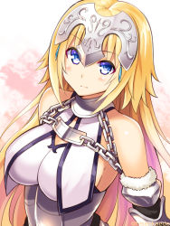 Rule 34 | 1girl, bare shoulders, blonde hair, blue eyes, blush, breasts, closed mouth, fate/grand order, fate (series), headpiece, hisen kaede, jeanne d&#039;arc (fate), jeanne d&#039;arc (ruler) (fate), jeanne d&#039;arc (third ascension) (fate), large breasts, long hair, looking at viewer, smile, solo, twitter username, upper body