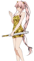 1girl, animal print, breasts, club, fake horns, hair flaps, highres, horns, kanabou, kantai collection, long hair, one-piece swimsuit, pink hair, ponytail, print swimsuit, setsubun, small breasts, solo, spiked club, suda (yuunagi enikki), swimsuit, tiger print, very long hair, weapon, yellow eyes, yura (kancolle)