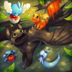 Rule 34 | :d, black eyes, charmander, claws, commentary, creature, creatures (company), dragon, dratini, english commentary, fangs, fire, fire, flying, game freak, gen 1 pokemon, gen 3 pokemon, gen 4 pokemon, gible, grass, green eyes, holding, holding poke ball, how to train your dragon, leaf, nintendo, no humans, open mouth, poke ball, poke ball (basic), pokemon, pokemon (creature), purple eyes, smile, sunset dragon, swablu, toothless, trait connection