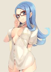 Rule 34 | 1girl, adjusting glasses, atago kinue, blue eyes, blue hair, blush, bottomless, breasts, dress shirt, glasses, jpeg artifacts, long hair, naked shirt, open clothes, open shirt, paseri, red-framed glasses, saki, shiny skin, shirt, simple background, solo, standing
