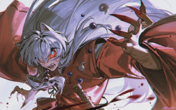 Rule 34 | 1boy, alzi xiaomi, animal ears, blood, blood on hands, blood splatter, blood spray, claws, demon boy, dog boy, dog ears, fangs, glowing, glowing eyes, highres, inuyasha, inuyasha (character), japanese clothes, jewelry, kimono, long hair, long sleeves, looking at viewer, male focus, necklace, open mouth, solo, white hair