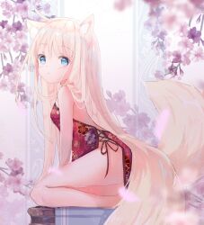 Rule 34 | 1girl, animal ear fluff, animal ears, backless dress, backless outfit, bare legs, bare shoulders, blonde hair, blue eyes, breasts, cat ears, cat girl, cat tail, dress, expressionless, floral print, full body, long hair, looking at viewer, no bra, no panties, original, peas (peas0125), red dress, short dress, sitting, small breasts, tail