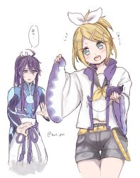Rule 34 | 1boy, 1girl, :d, ahoge, belt, blonde hair, blue eyes, blush, borrowed clothes, clenched hands, eggplant, high ponytail, highres, jacket, unworn jacket, japanese clothes, kagamine rin, kamui gakupo, long hair, looking down, n03+, naoko (naonocoto), open mouth, ponytail, purple hair, shorts, smile, thighs, vocaloid
