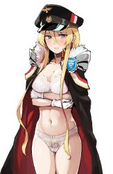 Rule 34 | 1girl, azur lane, bad id, bad pixiv id, bismarck (azur lane), black hat, blonde hair, blue eyes, blush, bra, breast hold, breasts, cape, cleavage, collarbone, cowboy shot, crossed arms, female pubic hair, fur trim, geso smith, gloves, hair between eyes, hat, highres, lace, lace-trimmed bra, lace-trimmed panties, lace trim, lips, long hair, looking at viewer, medium breasts, midriff, military hat, navel, panties, parted lips, pubic hair, sidelocks, simple background, smile, solo, straight hair, thighs, underwear, white background, white bra, white gloves, white panties
