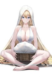 Rule 34 | 1girl, absurdres, bare arms, bare legs, bare shoulders, barefoot, blonde hair, blue eyes, breasts, center opening, cleavage, crossed legs, dress, feet, full body, highres, holding, indian style, korean commentary, large breasts, lillly, long hair, looking at viewer, original, sidelocks, simple background, sitting, solo, toes, veil, white background, white dress, white headwear