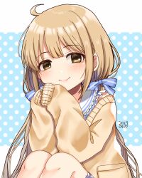 Rule 34 | 1girl, ahoge, ayaca, blonde hair, blue dress, blue ribbon, cardigan, dated, dotted background, dress, futaba anzu, hair ribbon, idolmaster, idolmaster cinderella girls, letterboxed, long hair, looking at viewer, low twintails, pink lips, ribbon, sitting, sleeves past wrists, smile, solo, twintails, upper body, yellow eyes