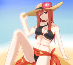 Rule 34 | 10s, 1girl, absurdres, arm support, breasts, brown hair, cleavage, criss-cross halter, halterneck, halterneck, hat, head tilt, highres, hiroshi (hunter-of-kct), large breasts, long hair, maou (maoyuu), maoyuu maou yuusha, midriff, o-ring, o-ring top, red eyes, sarong, sitting, smile, solo, summer, sun hat, underboob