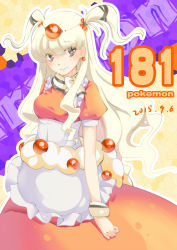 Rule 34 | 10s, 1girl, 2015, ampharos, apron, bow, creatures (company), dated, dress, earrings, game freak, gem, gen 2 pokemon, highres, jewelry, looking at viewer, maid apron, mega ampharos, mega pokemon, nainai, nintendo, personification, pokedex number, pokemon, red dress, solo, grid background, white hair, wristband