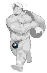 Rule 34 | 1boy, abs, akiha gongen (housamo), bag, ball, bandaid, bandaid on face, bandaid on leg, bandaid on nose, bara, billiard ball, blush, censored, dark-skinned male, dark skin, dyzd1, emoji, emoji censor, facial hair, flaccid, flying sweatdrops, full body, goatee, greyscale, hand up, highres, horns, huge eyebrows, large pectorals, looking ahead, male focus, male pubic hair, monochrome, multicolored hair, muscular, muscular male, navel, nervous sweating, nipples, pectoral lift, pectoral squeeze, pectorals, penis, penis peek, pubic hair, running, scar, scar on arm, scar on leg, short hair, shoulder bag, sideburns, single horn, solo, stomach, sweat, thick eyebrows, thick thighs, thighs, tokyo houkago summoners, two-tone hair