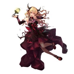 1girl :d akatsuki_no_kiseki alisa_reinford black_dress black_sleeves blonde_hair brown_pantyhose detached_sleeves dress eiyuu_densetsu floating_hair full_body hair_between_eyes halloween_costume lantern layered_dress long_hair long_sleeves looking_at_viewer medium_dress open_mouth pantyhose red_dress red_eyes red_footwear sen_no_kiseki_(series) sen_no_kiseki_i simple_background smile solo two-tone_dress white_background