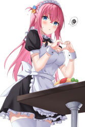 Rule 34 | 1girl, absurdres, alternate costume, apron, blue eyes, blush, bocchi the rock!, breasts, cleavage, commentary request, cube hair ornament, enmaided, food, frilled apron, frills, gotoh hitori, hair ornament, heart, heart hands, highres, large breasts, long hair, maid, maid apron, maid headdress, neon (hhs9444), omelet, omurice, one side up, parted lips, pink hair, plate, puffy short sleeves, puffy sleeves, short sleeves, simple background, solo, spoken squiggle, squiggle, standing, sweatdrop, table, thighhighs, white background, white thighhighs, wrist cuffs