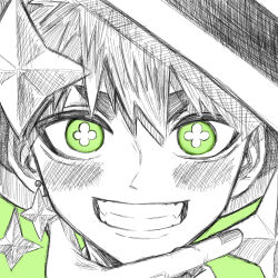 Rule 34 | 1boy, :d, blush, chiro shi, clover-shaped pupils, commentary request, earrings, green background, green eyes, grin, hair between eyes, hair ornament, hand on own chin, hat, highres, jewelry, lineart, looking at viewer, male focus, open mouth, original, partially colored, portrait, short hair, simple background, single earring, sketch, smile, solo, star (symbol), star earrings, star hair ornament, symbol-shaped pupils, teeth, wizard hat