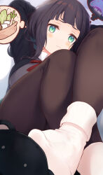 Rule 34 | 1girl, arms behind head, arms up, black hair, black pantyhose, blush, breasts, crossed legs, dress, green eyes, grey dress, highres, image in thought bubble, komone ushio, large breasts, long hair, looking at viewer, lying, original, pantyhose, socks, solo, uniform, white socks