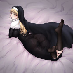 Rule 34 | 1girl, ass, black dress, black socks, blonde hair, blush, breasts, chinese commentary, closed mouth, commentary request, dress, feet, full body, gloves, habit, highres, large breasts, long hair, long sleeves, looking at viewer, lying, nijisanji, no shoes, nun, on stomach, sister claire, sister claire (1st costume), smile, socks, solo, the pose, tight clothes, tight dress, virtual youtuber, white gloves, yeklsa, yellow eyes