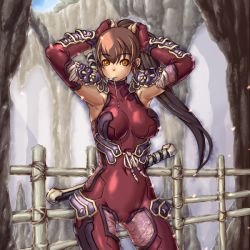 Rule 34 | 1girl, adjusting hair, armor, armpits, arms up, bodysuit, brown eyes, brown hair, cameltoe, elbow gloves, fingerless gloves, gloves, long hair, looking at viewer, mouth hold, navel, ninja, ponytail, shiny clothes, skin tight, solo, soul calibur, soulcalibur, soulcalibur iv, standing, taki (soulcalibur), u-kichi, very long hair