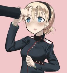 Rule 34 | 1girl, @ @, blonde hair, blue eyes, blush, braid, braided bun, fankupl, hair bun, hand on forehead, military, military uniform, noble witches, open mouth, rosalie de hemricourt de grunne, simple background, solo, strike witches, uniform, wavy mouth, world witches series
