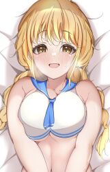 Rule 34 | 1girl, alternate breast size, bed sheet, bikini, blonde hair, blue neckerchief, blue sailor collar, blush, braid, breast press, breasts, commentary request, eyelashes, fang, fujita kotone, gakuen idolmaster, highres, hii (mzgu8388), idolmaster, large breasts, long hair, looking at viewer, low twin braids, lying, messy hair, navel, neckerchief, on bed, open mouth, sailor collar, sailor swimsuit (idolmaster), sidelocks, skin fang, smile, solo, stomach, sweat, swimsuit, twin braids, upper body, white bikini, yellow eyes