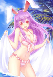 Rule 34 | 1girl, animal ears, bare shoulders, bikini, breasts, cleavage, cloud, day, female focus, frilled bikini, frills, front-tie top, jpeg artifacts, large breasts, long hair, navel, open mouth, plutokelp, purple hair, rabbit ears, red eyes, reisen udongein inaba, side-tie bikini bottom, smile, solo, striped bikini, striped clothes, swimsuit, touhou, towel, very long hair, wading, water