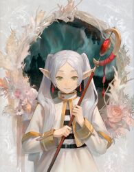 Rule 34 | 1girl, belt, black belt, capelet, closed mouth, commentary, dangle earrings, drop earrings, earrings, elf, expressionless, frieren, green eyes, grey hair, highres, holding, holding staff, jewelry, long hair, looking at viewer, mage staff, pointy ears, shirt, skirt, solo, sousou no frieren, staff, striped clothes, striped shirt, white capelet, white skirt, yoruirooo777