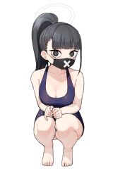 Rule 34 | 1girl, 28 (282teeth), bare arms, bare legs, bare shoulders, barefoot, black eyes, black hair, black mask, black one-piece swimsuit, blue archive, breasts, cleavage, commentary, halo, highres, korean commentary, large breasts, long hair, looking at viewer, mask, mouth mask, one-piece swimsuit, ponytail, school swimsuit, simple background, solo, squatting, sukeban (smg) (blue archive), swimsuit, white background