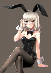 Rule 34 | 10s, 1girl, animal ears, arm support, bare shoulders, black bow, black pantyhose, blue eyes, blush, bow, bowtie, breasts, cleavage, crossed legs, detached collar, fake animal ears, girls und panzer, high heels, itsumi erika, katahira masashi, leotard, looking at viewer, pantyhose, playboy bunny, rabbit ears, rabbit tail, short hair, silver hair, simple background, sitting, solo, tail, wrist cuffs