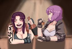 Rule 34 | 2girls, bar (place), bare shoulders, black lagoon, blush stickers, bottle, breasts, cleavage, colorized, crossover, cup, drawfag, drinking, drinking glass, fang, fingerless gloves, ghost in the shell, gloves, holster, jacket, kekekeke, kusanagi motoko, large breasts, laughing, lips, multiple girls, open mouth, purple hair, revy (black lagoon), short hair, shot glass, sidelocks, sketch, sleeves rolled up, tattoo