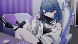 Rule 34 | 1girl, absurdres, barbell piercing, black camisole, black skirt, blue hair, braid, breasts, camisole, chair, cleavage, colored inner hair, covering own mouth, curtains, diamond-shaped pupils, diamond (shape), earrings, french braid, gaming chair, hair behind ear, handheld game console, highres, holding, holding handheld game console, indoors, jacket, jewelry, keyboard (computer), kit (kit7lq), koshimizu toru, koshimizu toru (2nd costume), long sleeves, looking at viewer, medium breasts, medium hair, microphone, microphone stand, miniskirt, mole, mole under eye, mouse (computer), multicolored hair, nijisanji, nintendo switch, off shoulder, official alternate hairstyle, piercing, pleated skirt, purple eyes, purple hair, single bare shoulder, sitting, skirt, solo, swivel chair, symbol-shaped pupils, thighs, triangle earrings, virtual youtuber, white jacket, zipper pull tab