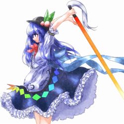 Rule 34 | 1girl, arms behind head, arms up, black eyes, blue hair, bow, dress, expressionless, food, frilled skirt, frills, fruit, hat, hinanawi tenshi, komiruku, layered dress, leaf, long hair, parted lips, peach, profile, short sleeves, simple background, skirt, solo, sword of hisou, touhou, white background