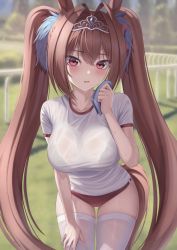 Rule 34 | 1girl, animal ears, black bra, blush, bra, bra visible through clothes, breasts, brown hair, buruma, cleavage, collarbone, cowboy shot, daiwa scarlet (umamusume), hair intakes, hand up, handkerchief, highres, holding, horse ears, horse girl, horse tail, jewelry, large breasts, leaning forward, lingerie, long hair, looking at viewer, marinesnow, multicolored hair, open mouth, red buruma, see-through, shirt, short sleeves, sidelocks, skindentation, solo, standing, sweat, tail, thighhighs, thighs, twintails, two-tone hair, umamusume, underwear, wet, wet clothes, wet shirt, white shirt, white thighhighs
