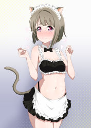 Rule 34 | 1girl, absurdres, animal ears, apron, artist name, artist request, bare legs, bare shoulders, bikini, black bow, black skirt, blush, bow, bowtie, breasts, brown hair, cat ears, cat tail, clenched hands, collarbone, dress, embarrassed, female focus, frilled apron, frilled bikini, frilled shirt collar, frills, grey hair, heart, highres, light brown hair, looking at viewer, love live!, love live! nijigasaki high school idol club, maid, maid apron, maid bikini, maid headdress, miniskirt, nakasu kasumi, nervous smile, parted lips, pink eyes, plaid, plaid dress, plaid skirt, pleated, pleated dress, pleated skirt, purple eyes, short hair, skirt, smile, solo, swimsuit, tail, unconventional maid, wing collar